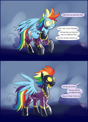 Size: 2250x3107 | Tagged: safe, artist:moonatik, imported from derpibooru, rainbow dash, pegasus, pony, friendship is magic, 2 panel comic, bad end, clothes, comic, commission, costume, female, gas mask, implied nightmare moon, latex, latex suit, living latex, mare, mask, mind control, my little pony, nightmare night costume, rubber drone, shadowbolt dash, shadowbolt drone, shadowbolts, shadowbolts costume, solo, speech bubble