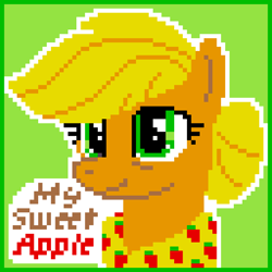 Size: 768x768 | Tagged: safe, artist:boxwari, imported from derpibooru, applejack, earth pony, pony, bags under eyes, bust, clothes, digital art, female, granny smith's shawl, green background, mare, older, older applejack, pixel art, shawl, simple background, solo, text