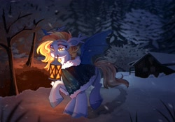 Size: 4096x2875 | Tagged: safe, artist:cheekipone, oc, oc only, oc:snooze news, bat pony, pony, bat pony oc, bat wings, bush, clothes, coat, dark, ear tufts, eyebrows, fangs, female, floppy ears, forest, house, lantern, light, mare, mouth hold, nature, orange mane, orange tail, raised hoof, raised leg, smiling, snow, snowfall, solo, spread wings, starry eyes, trail, tree, unshorn fetlocks, walking, wingding eyes, wings, winter