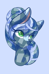 Size: 1365x2048 | Tagged: safe, artist:mscolorsplash, imported from derpibooru, oc, oc only, crystal pony, earth pony, pony, bust, colored pupils, crystal pony oc, eyebrows, eyebrows visible through hair, lidded eyes, light blue background, simple background, smiling, solo