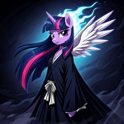 Size: 1024x1024 | Tagged: safe, generator:nightcafe ai, imported from twibooru, twilight sparkle, ai content, ai generated, anime, bleach (manga), crossover, generator:google imagen 3.0, image, needs more jpeg, soul reaper