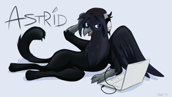 Size: 1600x910 | Tagged: safe, artist:ribnose, imported from twibooru, oc, oc only, oc:astrid, griffon, beak, computer, hand on head, headphones, image, laptop computer, lying down, on side, open beak, open mouth, png, simple background, solo, spread wings, text, white background, wings