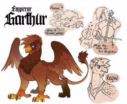 Size: 3282x2700 | Tagged: safe, artist:opalacorn, imported from derpibooru, oc, oc only, oc:emperor garthur, griffon, bread, cello, father and child, father and daughter, female, floating heart, food, griffon oc, heart, high res, laurel wreath, male, musical instrument, simple background, sliced bread, white background