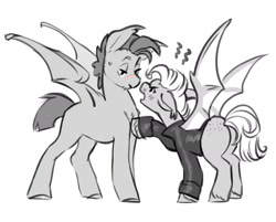 Size: 2400x1931 | Tagged: safe, artist:opalacorn, imported from derpibooru, oc, oc only, oc:bea, oc:thunder run, bat pony, pony, bat pony oc, bat wings, black and white, butt, clothes, duo, duo male and female, emanata, female, floppy ears, grayscale, height difference, jacket, lidded eyes, looking at each other, looking at someone, male, mare, monochrome, open mouth, plot, simple background, spread wings, stallion, white background, wings