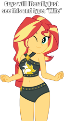 Size: 1079x2032 | Tagged: safe, artist:star-armour95, artist:yaya54320bases, imported from derpibooru, sunset shimmer, human, equestria girls, bare shoulders, beautiful, belly, belly button, bikini, breasts, busty sunset shimmer, clothes, cute, equestria girls specials, female, meme, midriff, my little pony equestria girls: better together, my little pony equestria girls: forgotten friendship, one eye closed, shimmerbetes, simple background, smiling, solo, sunset shimmer's beach shorts swimsuit, swimsuit, transparent background, vector, wink, woman