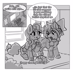 Size: 2600x2583 | Tagged: safe, artist:opalacorn, imported from derpibooru, oc, oc only, oc:cinnabyte, oc:lillybit, earth pony, pony, bag, black and white, bow, comic, commission, dialogue, eating, food, grayscale, hair bow, headphones, headphones around neck, high res, hoof hold, monochrome, open mouth, saddle bag, sitting, smiling, speech bubble