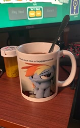 Size: 2009x3174 | Tagged: safe, imported from derpibooru, rainbow dash, pegasus, pony, cup, i kinda look like a faggggooooott, irl, monitor, photo, vulgar