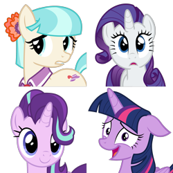 Size: 2667x2667 | Tagged: safe, artist:sketchmcreations, imported from derpibooru, coco pommel, rarity, starlight glimmer, twilight sparkle, alicorn, earth pony, pony, unicorn, cute, female, floppy ears, glimmerbetes, group, horn, mare, nervous laugh, open mouth, quartet, simple background, smiling, transparent background, twilight sparkle (alicorn), vector