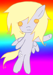 Size: 652x926 | Tagged: safe, artist:poniesinmyhead, imported from derpibooru, derpy hooves, pegasus, pony, :3, rainbow background, smiling, solo