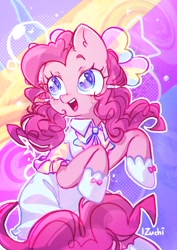 Size: 724x1024 | Tagged: safe, artist:izuchi, imported from derpibooru, pinkie pie, earth pony, pony, bubble, solo, tied mane