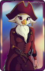 Size: 1992x3124 | Tagged: safe, artist:killerqueen1911, imported from derpibooru, captain celaeno, anthro, bird, parrot, my little pony: the movie, breasts, chest fluff, clothes, cutlass, ear piercing, earring, female, flintlock, hat, jewelry, piercing, pirate, pirate hat, promo, solo, sword, weapon