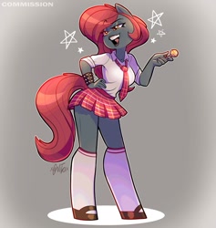 Size: 971x1024 | Tagged: safe, artist:xconito, imported from derpibooru, oc, oc only, oc:jessi-ka, anthro, earth pony, amused, candy, clothes, food, lips, lollipop, necktie, red mane, school uniform, schoolgirl, shoes, skirt, socks, solo, uniform