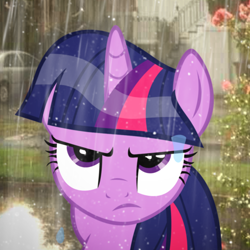 Size: 1602x1602 | Tagged: safe, artist:trrrebleee, artist:trrriple0dds, edit, imported from derpibooru, vector edit, twilight sparkle, pony, unicorn, horn, irl, outdoors, photo, rain, real life background, twilight sparkle is not amused, unamused, unicorn twilight, vector, wet, wet mane