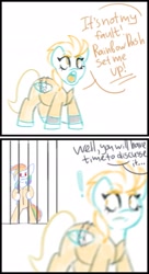 Size: 1117x2048 | Tagged: safe, artist:pozya1007, imported from derpibooru, lightning dust, rainbow dash, bars, bound wings, clothes, colored lineart, comic, gift art, never doubt rainbowdash69's involvement, prison outfit, prisoner, prisoner rd, sketch, text, wings