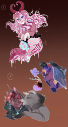 Size: 833x1548 | Tagged: safe, artist:bunnari, imported from derpibooru, oc, oc only, oc:crescenta darkwood, oc:crimson charm, oc:harlequin, dog, draconequus, hybrid, pony, unicorn, apple, bad end au, cloak, clothes, female, food, hat, hood, horn, interspecies offspring, licking, magic, magical lesbian spawn, mare, offspring, parent:applejack, parent:discord, parent:pinkie pie, parent:starlight glimmer, parents:discopie, parents:glimmerjack, skirt, tongue out