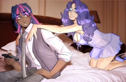 Size: 1609x1049 | Tagged: safe, artist:killektric, imported from derpibooru, rarity, twilight sparkle, human, bed, bedroom eyes, blanket, boob window, breasts, clothes, dark skin, dress, duo, duo female, ear piercing, earring, eyeshadow, female, grin, gritted teeth, high heels, humanized, jewelry, lesbian, lip bite, lipstick, makeup, nail polish, necktie, one eye closed, pants, piercing, pillow, rarilight, shipping, shirt, shoes, smiling, teeth, vest, wink