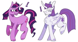 Size: 2772x1487 | Tagged: safe, artist:lockandkeyhyena, imported from derpibooru, rarity, twilight sparkle, alicorn, pony, unicorn, chest fluff, duo, duo female, exclamation point, female, horn, lesbian, mare, open mouth, palette swap, rarilight, recolor, shipping, simple background, twilight sparkle (alicorn), unshorn fetlocks, white background