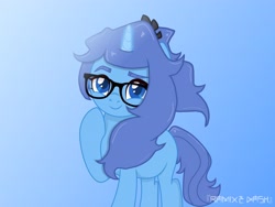 Size: 4000x3000 | Tagged: safe, artist:ramixe dash, imported from derpibooru, oc, oc only, oc:rosalia azifa, pony, unicorn, colored horn, female, g5, g5 to g4, generation leap, glasses, gradient background, horn, mare, solo