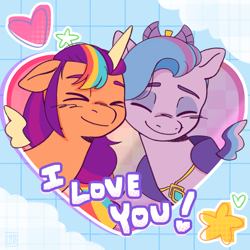 Size: 2048x2048 | Tagged: safe, artist:l211art, imported from derpibooru, queen haven, sunny starscout, alicorn, pony, commission, female, g5, heart, holiday, lesbian, nuzzling, race swap, shipping, smiling, sunnycorn, sunnyhaven, valentine, valentine's day, ych result