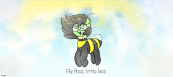 Size: 3339x1500 | Tagged: safe, artist:soopy, imported from twibooru, oc, oc only, oc:beefilly, oc:filly anon, bee, bee pony, insect, original species, pony, 4chan, female, filly, flying, image, png, signature, solo, tribute