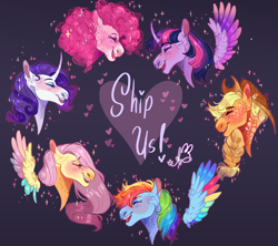 Size: 1800x1600 | Tagged: safe, artist:bunnari, imported from derpibooru, applejack, fluttershy, pinkie pie, rainbow dash, rarity, twilight sparkle, alicorn, earth pony, pegasus, pony, unicorn, blushing, eyes closed, horn, mane six, open mouth, open smile, smiling, watcherverse