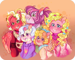 Size: 1221x984 | Tagged: safe, artist:bunnari, imported from derpibooru, oc, oc:bitta-luck, oc:daffidazey, oc:doseydotes, oc:merrilee, oc:wildflower, earth pony, pegasus, pony, band-aid on nose, bandaid, choker, clothes, ear piercing, earring, female, filly, foal, hairclip, jewelry, magical lesbian spawn, mare, next generation, offspring, parent:cheerilee, parent:fluttershy, parents:cheerishy, piercing, siblings, sisters, sweater, watcherverse