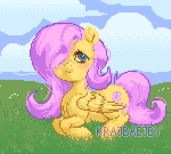 Size: 1500x1350 | Tagged: safe, artist:krajbaejby, imported from derpibooru, fluttershy, pegasus, pony, blushing, digital art, grass, grass field, pixel art