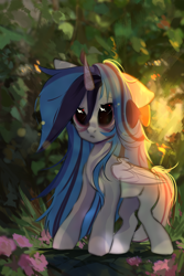 Size: 2000x3000 | Tagged: safe, artist:trankvimanger, imported from derpibooru, oc, oc only, alicorn, pony, alicorn oc, bow, commission, female, forest, hair bow, horn, mare, nature, solo, tree, wings, ych result