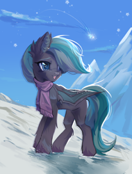 Size: 1900x2500 | Tagged: safe, artist:trankvimanger, imported from derpibooru, oc, oc only, bat pony, pony, clothes, commission, ear piercing, earring, fangs, jewelry, piercing, scarf, shooting star, snow, snowfall, solo, ych result