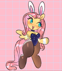 Size: 941x1080 | Tagged: safe, artist:shugrcube, imported from derpibooru, fluttershy, anthro, unguligrade anthro, abstract background, arm hooves, blushing, breasts, bunny suit, choker, cleavage, clothes, female, grid background, open mouth, open smile, smiling, solo