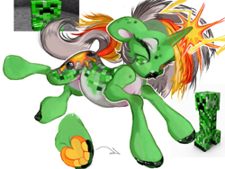 Size: 959x722 | Tagged: safe, artist:nezzypezzy, imported from derpibooru, oc, oc only, pony, unicorn, creeper, fangs, horn, minecraft, one eye closed, paws, solo, wink