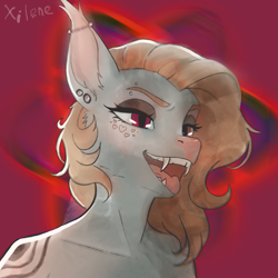 Size: 2073x2073 | Tagged: safe, artist:xilene, imported from derpibooru, oc, oc only, oc:xilene, anthro, bat pony, bangs, bat pony oc, bat wings, brow piercing, bust, ear piercing, piercing, portrait, red eyes, tattoo, tongue out, wings