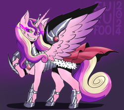 Size: 1800x1600 | Tagged: safe, imported from derpibooru, king sombra, princess cadance, alicorn, pony, armor, cape, clothes, crown, feral, furufoo, horn, jewelry, my little pony, possession, regalia