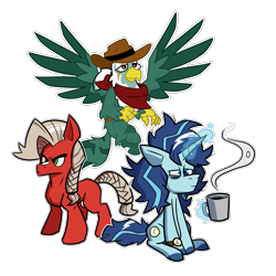 Size: 3031x3031 | Tagged: safe, artist:maxytoon, imported from derpibooru, oc, oc only, earth pony, griffon, unicorn, coffee, colored, cowboy hat, dungeons and dragons, flat colors, hat, horn, pen and paper rpg, rpg, simple background, white background