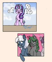 Size: 819x969 | Tagged: safe, artist:arsonrabbit, imported from derpibooru, night glider, starlight glimmer, sugar belle, oc, oc:emerald deltas, pegasus, unicorn, 2 panel comic, apron, blue coat, blue eyes, braid, canon x oc, chest fluff, clothes, comic, creepy, creepy smile, crush, crushing, digital art, ear fluff, equality, equalized, equalized mane, eyes closed, female, freckles, gray coat, green eyes, green hair, green mane, grin, group, heart, hoof on cheek, hooves, horn, lesbian, looking at someone, love, male to female, mane tie, mare, one sided shipping, open mouth, our town, pink coat, purple coat, purple hair, purple mane, quartet, raised hoof, rule 63, s5 starlight, shipping, signature, smiling, speech, speech bubble, talking, teasing, tied mane, trans female, transgender, transgender oc, unicorn oc, unshorn fetlocks, wall of tags, white hair, white mane, wings, yellow hooves