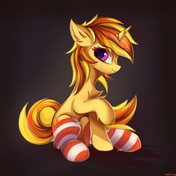 Size: 2048x2048 | Tagged: safe, artist:weiling, imported from derpibooru, oc, oc only, pony, unicorn, clothes, horn, simple background, sitting, smiling, socks, solo, striped socks