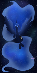 Size: 4000x7841 | Tagged: safe, artist:acidigon, imported from derpibooru, princess luna, alicorn, pony, ethereal mane, ethereal tail, eyes closed, female, flying, impossibly long mane, impossibly long tail, large wings, long mane, mare, round belly, solo, space, tail, wings