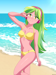 Size: 900x1200 | Tagged: safe, artist:riouku, imported from derpibooru, lemon zest, equestria girls, beach, belly, belly button, bikini, breasts, clothes, cute, eyeshadow, female, headphones, makeup, ocean, peace sign, sand, slender, solo, summer, swimsuit, thin, water, zestabetes