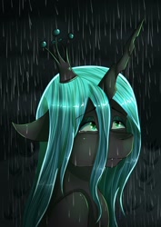 Size: 1024x1450 | Tagged: safe, imported from derpibooru, queen chrysalis, changeling, changeling queen, fangs, female, horn, rain, solo