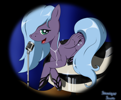 Size: 1296x1066 | Tagged: safe, artist:burnout, imported from derpibooru, oc, oc only, oc:starlight sonata, pegasus, pony, female, lidded eyes, lying down, mare, microphone, not luna, open mouth, open smile, singing, smiling, solo