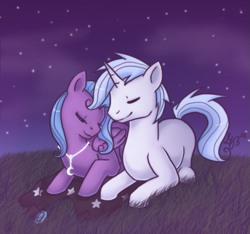 Size: 639x599 | Tagged: safe, artist:talisstardust, imported from derpibooru, oc, oc only, oc:moonstone, oc:starlight sonata, pegasus, pony, unicorn, 2012, cuddling, duo, duo male and female, eyes closed, female, folded wings, horn, jewelry, lying down, male, mare, necklace, night, night sky, prone, sky, stallion, wings