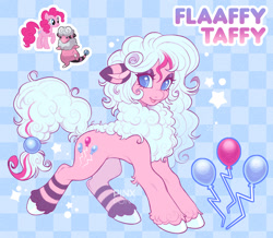 Size: 1723x1500 | Tagged: safe, artist:pinxpony, imported from derpibooru, pinkie pie, oc, oc only, oc:flaaffy taffy, earth pony, flaaffy, pony, sheep, sheep pony, blue background, blue eyes, blue pupils, checkered background, colored hooves, colored pupils, concave belly, crossover fusion, ear stripes, elbow fluff, eyeshadow, fusion, fusion:flaaffy, fusion:pinkie pie, hooves, leg stripes, light blue background, makeup, pokemon fusion, pokémon, ruff, simple background, solo, stars, stripes, unshorn fetlocks