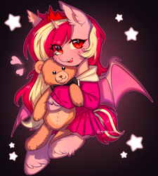 Size: 2849x3159 | Tagged: safe, artist:tyutya, imported from derpibooru, oc, oc only, oc:raspberries, alicorn, bat pony, bat pony alicorn, bat pony alicorn oc, bat pony oc, bat wings, clothes, colored wings, commission, crown, cute, dress, ear tufts, fangs, freckles, horn, jewelry, long mane, looking at you, pink hoodie, plushie, red eyes, regalia, short tail, slit pupils, smiling, smiling at you, solo, tail, teddy bear, two toned mane, two toned tail, two toned wings, wings, ych result