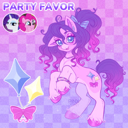 Size: 1900x1900 | Tagged: safe, artist:pinxpony, imported from derpibooru, pinkie pie, rarity, oc, oc only, oc:party favor, earth pony, pony, bow, bracelet, checkered background, colored hooves, colored muzzle, countershading, ear piercing, earring, earth pony oc, eyeshadow, female, fusion, fusion:pinkie pie, fusion:rarity, gradient background, gradient mane, gradient tail, hair bow, hooves, jewelry, looking at you, makeup, mare, necklace, open mouth, open smile, pale belly, piercing, pink eyeshadow, ponytail, purple background, rearing, simple background, smiling, solo, tail, unshorn fetlocks