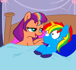 Size: 4604x4275 | Tagged: safe, artist:shieldwingarmorofgod, imported from derpibooru, sunny starscout, oc, oc:shield wing, alicorn, earth pony, alicorn oc, bed, bedroom eyes, blanket, canon x oc, female, g5, g5 to g4, generation leap, horn, male, mane stripe sunny, pillow, shipping, wings