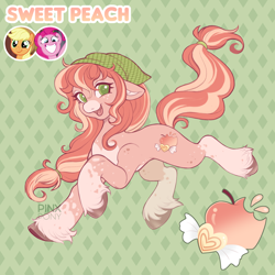 Size: 1900x1900 | Tagged: safe, artist:pinxpony, imported from derpibooru, oc, oc only, oc:sweet peach, earth pony, pony, anatomically incorrect, coat markings, colored muzzle, colored pinnae, colored pupils, earth pony oc, female, floppy ears, freckles, fusion, fusion:applejack, fusion:applepie, fusion:pinkie pie, green background, green eyes, green pupils, headkerchief, incorrect leg anatomy, mare, open mouth, open smile, pale belly, patterned background, shoulder freckles, simple background, smiling, socks (coat markings), solo, tail, tied mane, tied tail