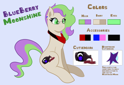 Size: 5800x4000 | Tagged: safe, artist:reinbou, imported from derpibooru, oc, oc only, oc:blueberry moonshine, earth pony, pony, commission, cutie mark, reference sheet, solo