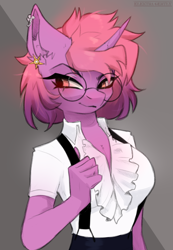 Size: 1496x2160 | Tagged: safe, artist:elektra-gertly, imported from derpibooru, oc, oc only, oc:soules phantom, anthro, unicorn, breasts, clothes, commission, ear piercing, ember eyes, glasses, gray background, horn, piercing, pink, shirt, simple background, smiling, smirk, solo, t-shirt