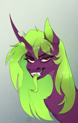 Size: 1239x1935 | Tagged: safe, artist:elektra-gertly, imported from derpibooru, oc, oc only, oc:crimson acid, changeling, changeling queen, hybrid, bust, commission, female, green hair, horn, portrait, red eyes, smiling, smirk, solo, tongue out