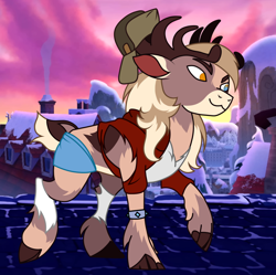 Size: 1100x1095 | Tagged: safe, anonymous artist, artist:anonymous, imported from derpibooru, human, them's fightin' herds, antlers, clothes, community related, heterochromia, reine, reine city, stronghoof hoofstrong (tfh), transformation